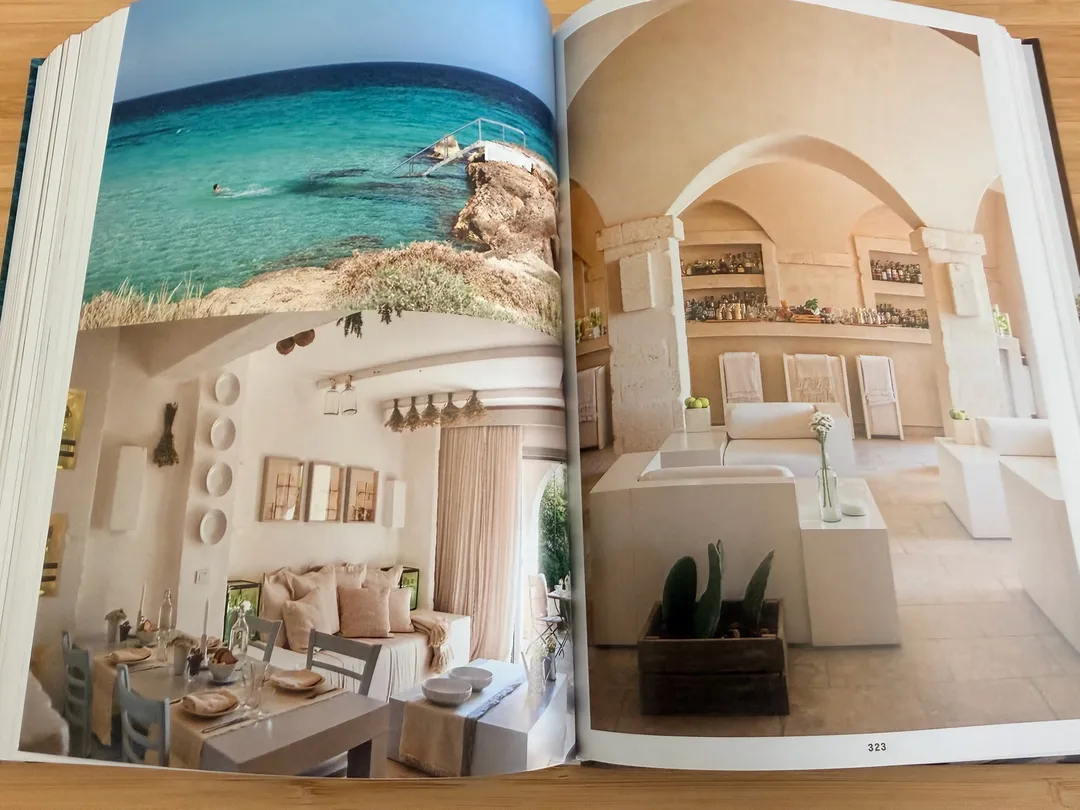 Turquoise cove and a whitewashed vaulted living room