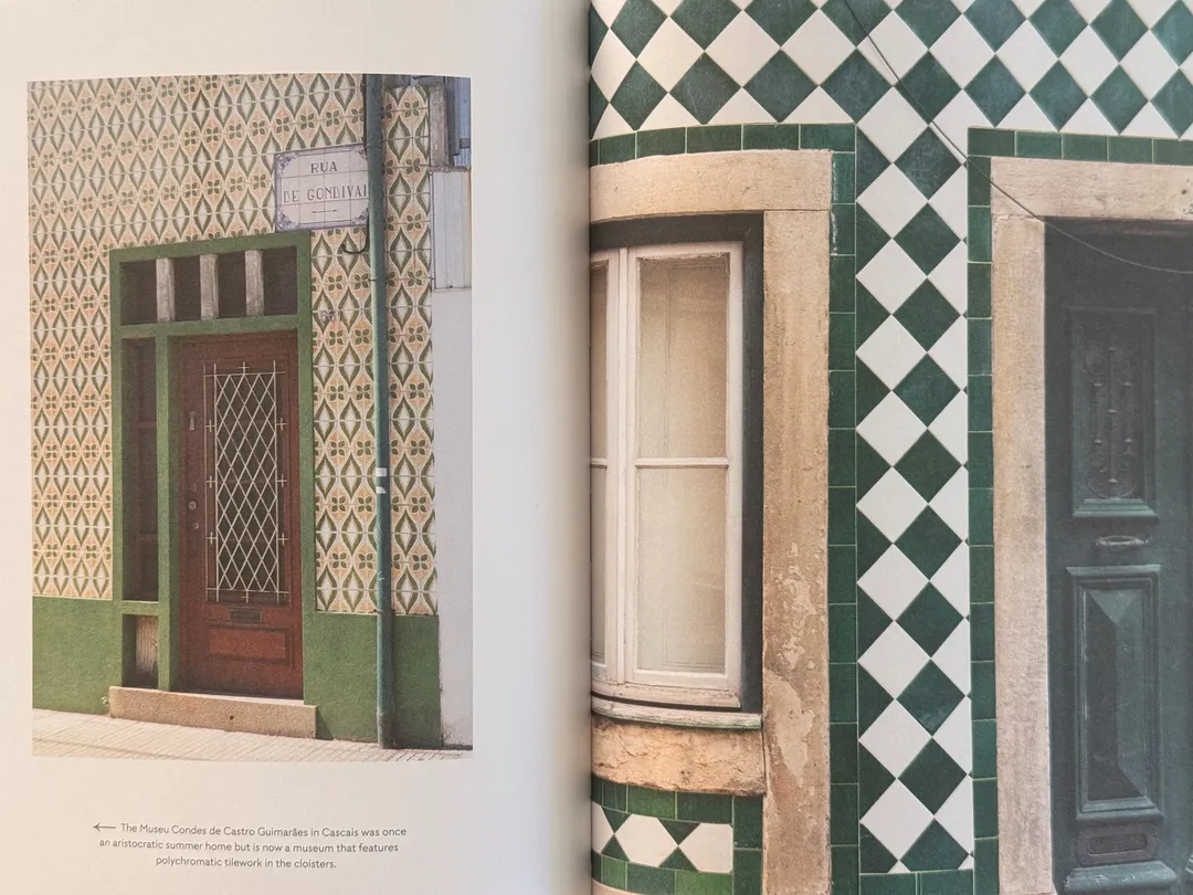 Green-and-white tiled facades with wooden doors