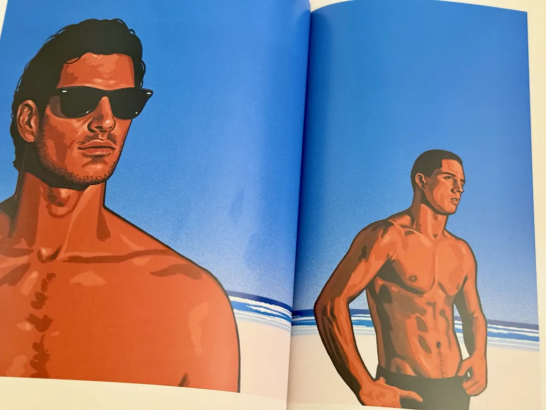 Shirtless men in sunglasses against a cobalt sky