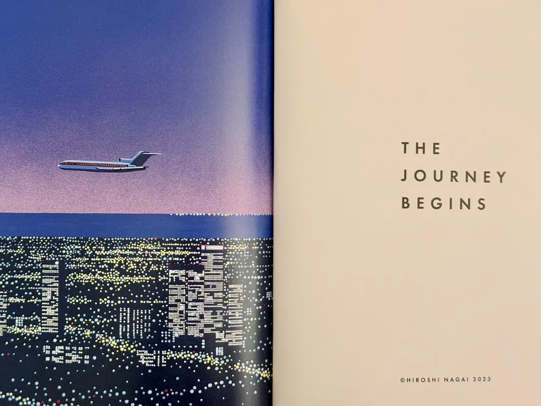 Jet over a glittering night city, opposite the title page