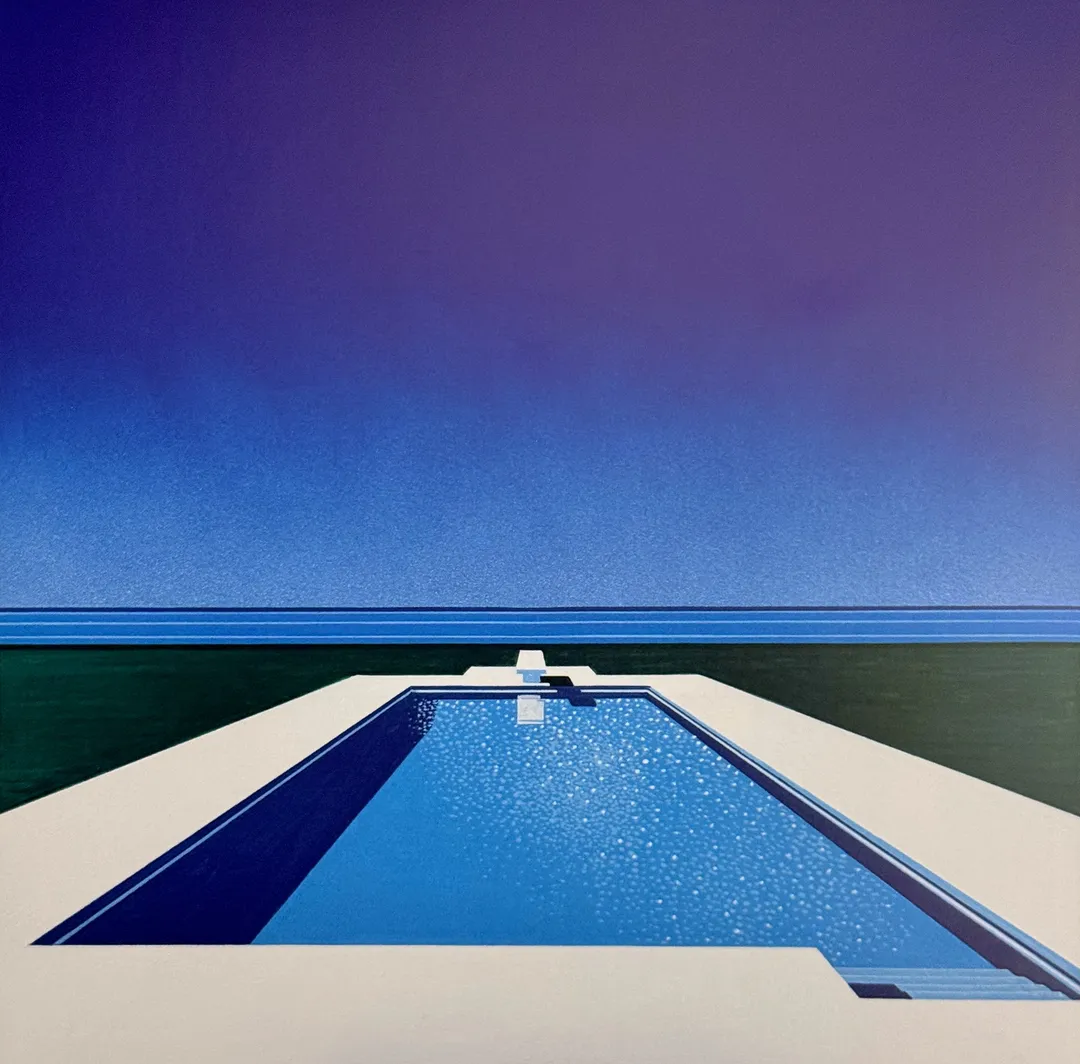 Hiroshi Nagai painting of a swimming pool facing a still blue sea, from The Journey Begins