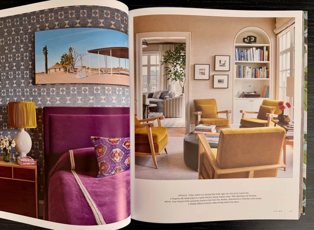 Spread of a patterned bedroom and a sunny sitting room, from The World of Peter Dunham