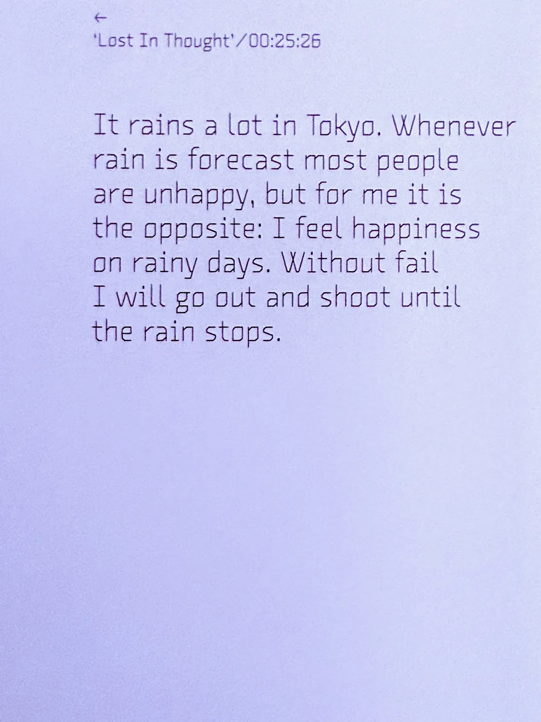 Page of text about shooting Tokyo in the rain