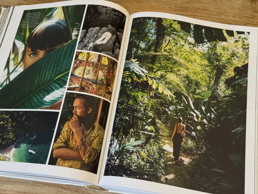 Portraits and a cyclist walking through dense jungle