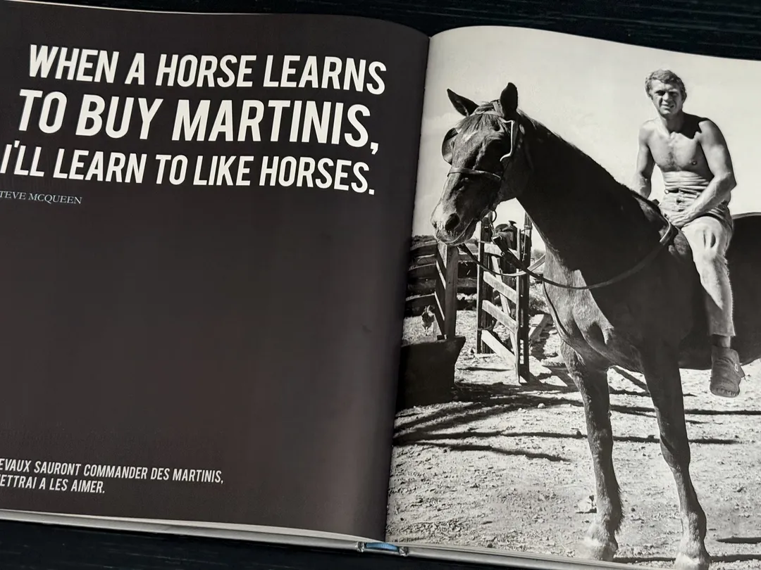 McQueen on horseback opposite a quote about horses and martinis